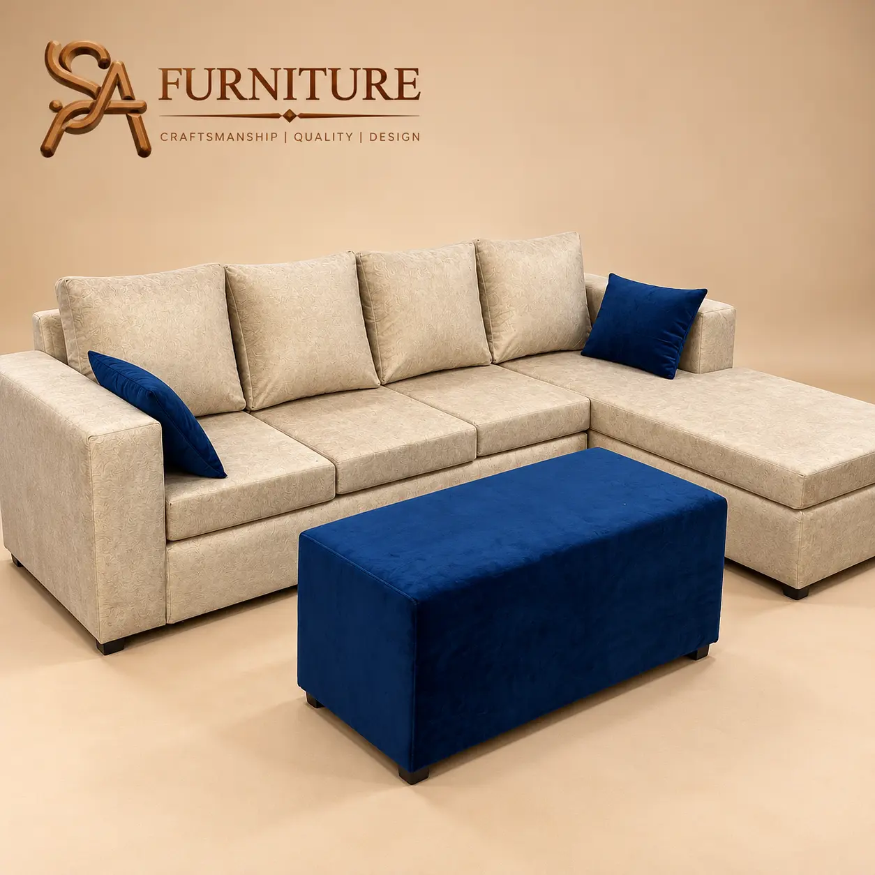 Beige Corner Sofa with Navy Ottoman