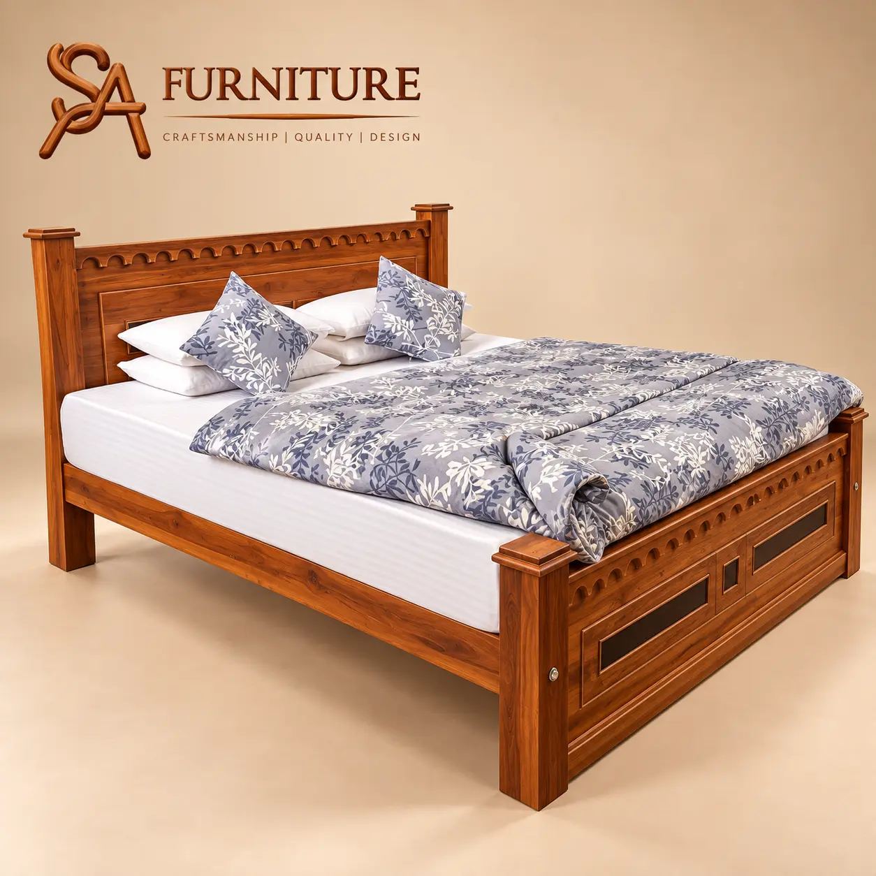 Classic Wooden Bed with Carved Trim