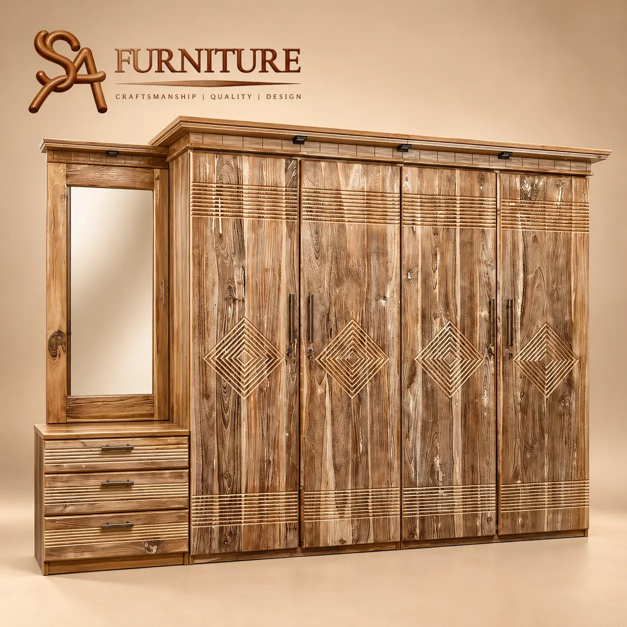 Diamond-Pattern Wardrobe with Dressing Mirror