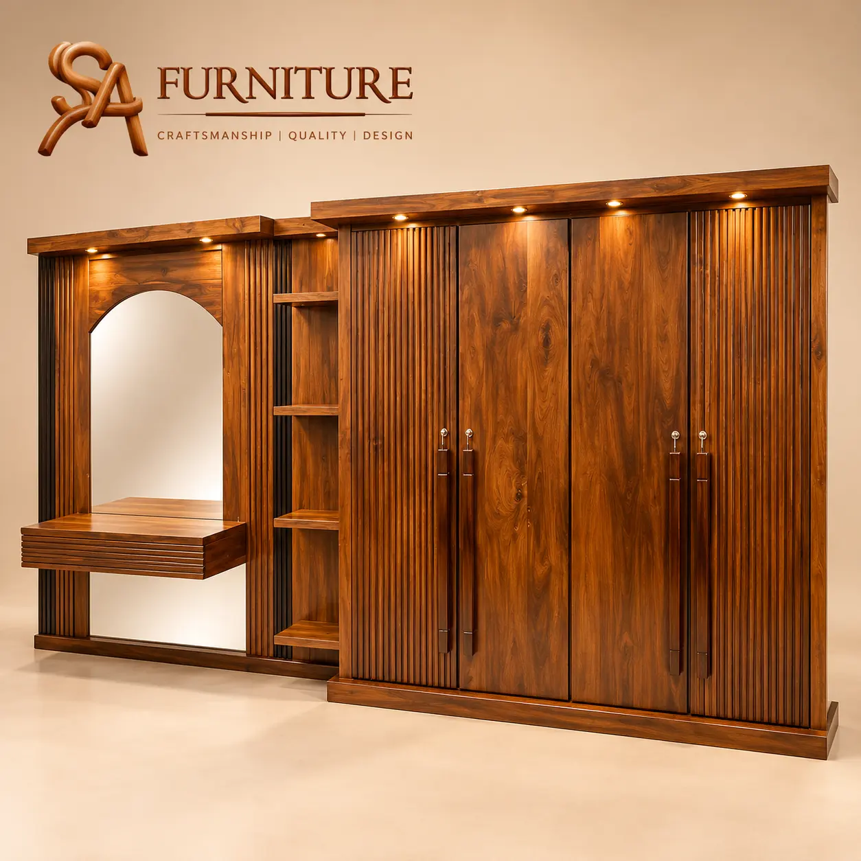 Fluted Wardrobe with Dressing Mirror and Shelves
