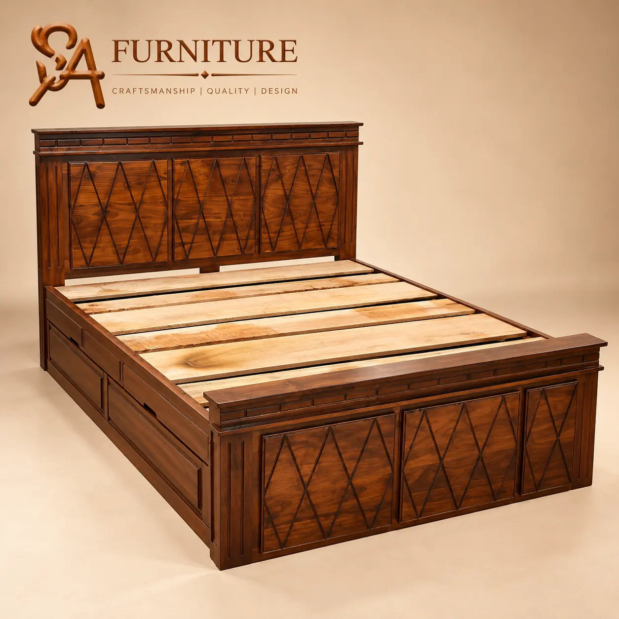 Geometric Panelled Wooden Bed