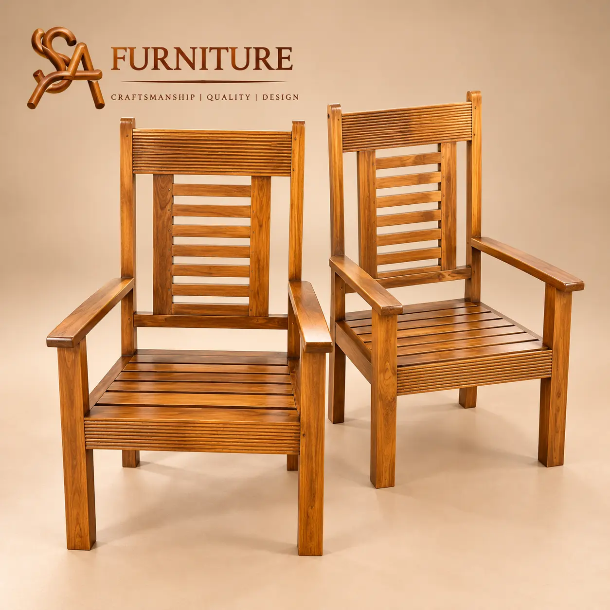 High-Back Slatted Wooden Armchairs