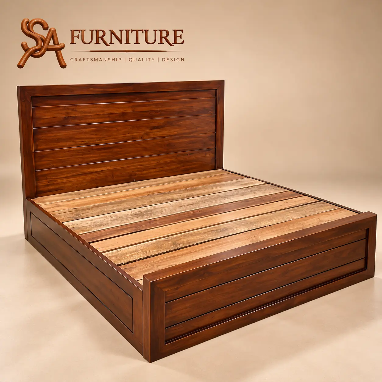 Horizontal-Panel Wooden Platform Bed