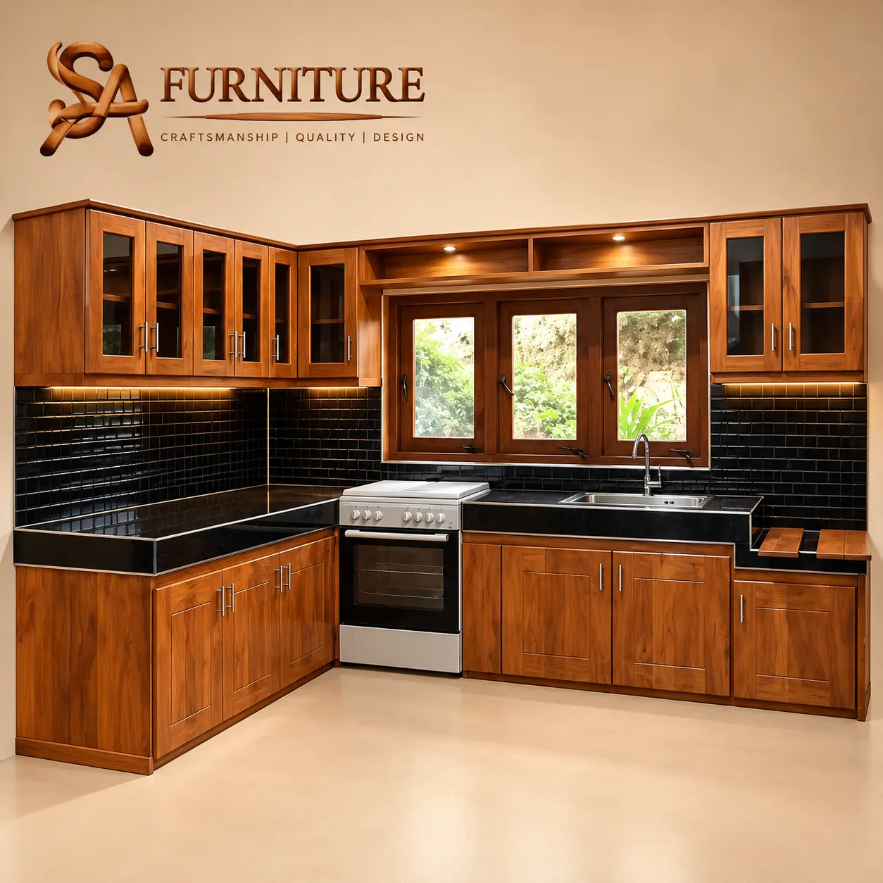 L-Shaped Pantry Cupboards with Glass-Front Cabinets