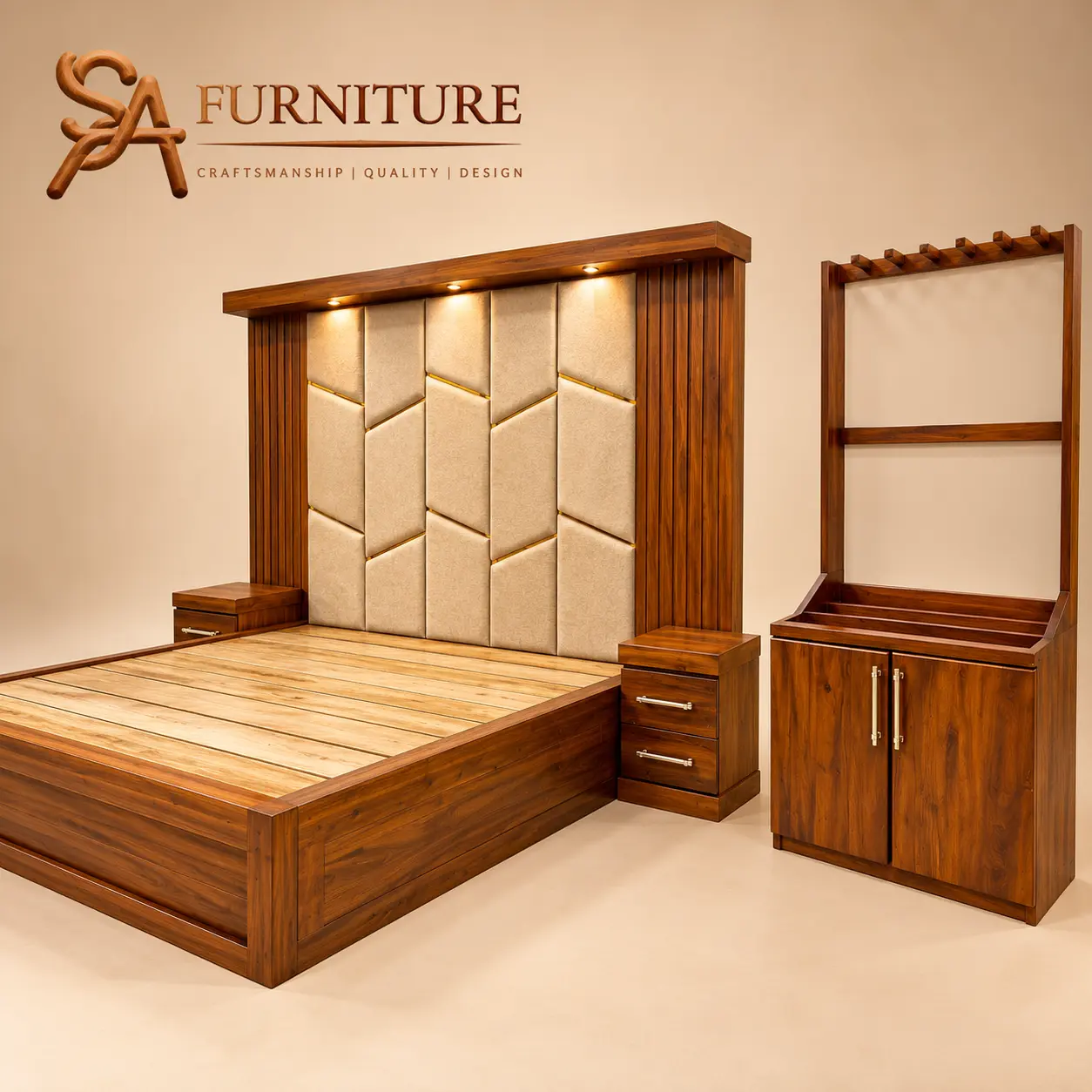 Padded-Headboard Bed with Bedside Tables and Mirror Cabinet