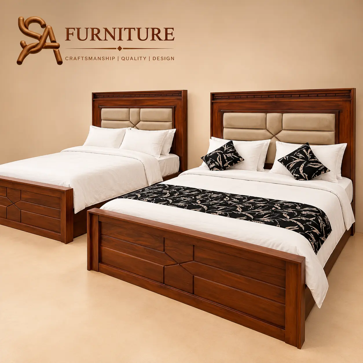 Panelled Wooden Beds with Padded Headboards