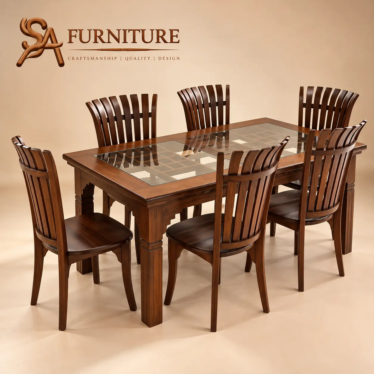 Six-Seater Glass-Top Wooden Dining Set