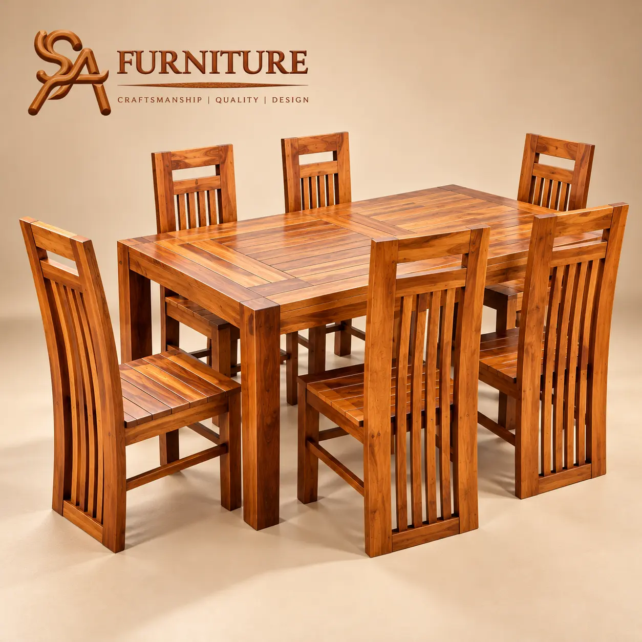Six-Seater Slatted Wooden Dining Set