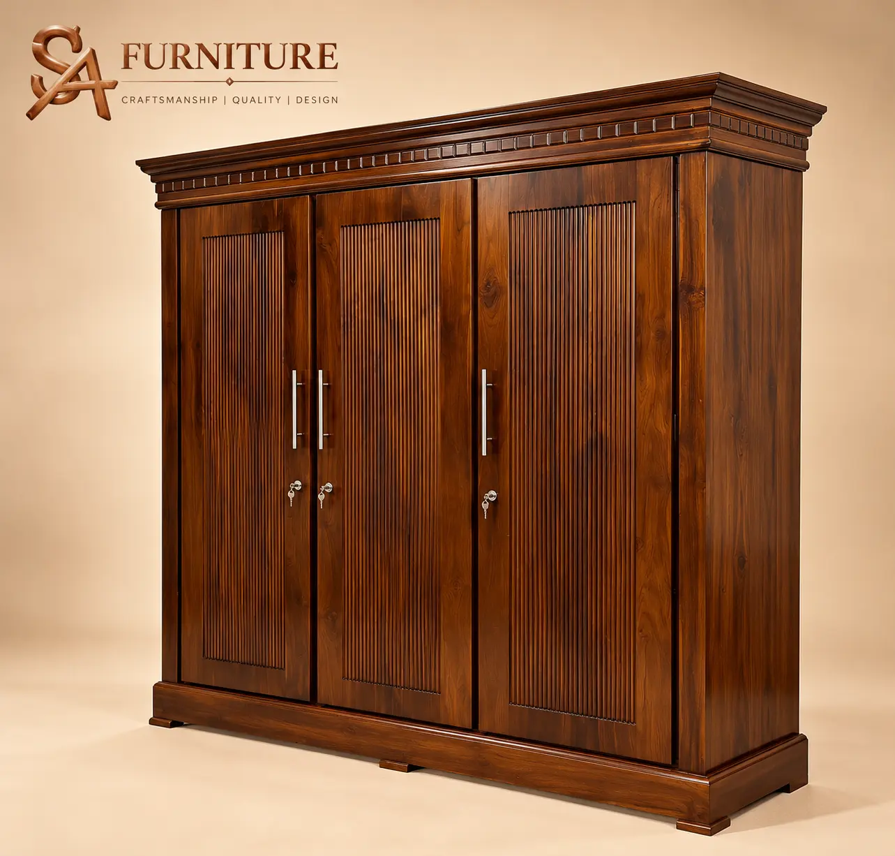 Three-Door Fluted Wooden Wardrobe