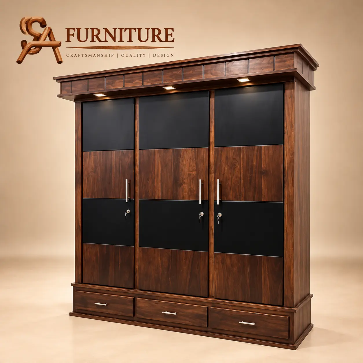 Three-Door Wardrobe with Dark Panels and Drawers