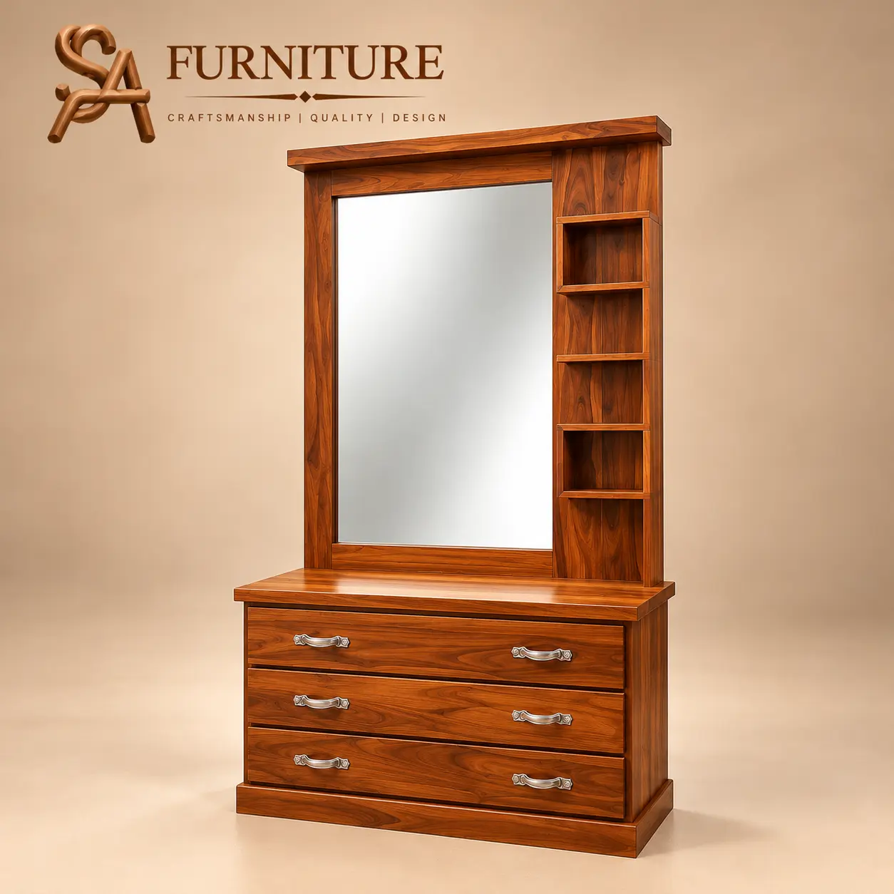 Three-Drawer Dressing Table with Mirror and Shelves