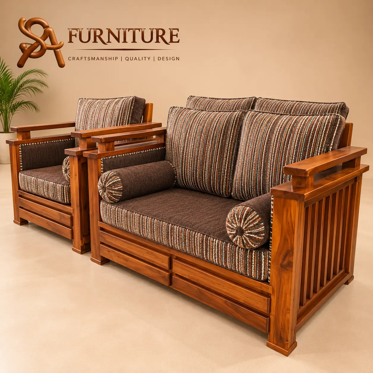 Warm Wood Striped Sofa Set