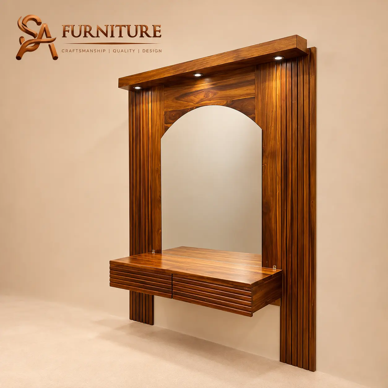 Warm Wood Vanity with Arched Mirror
