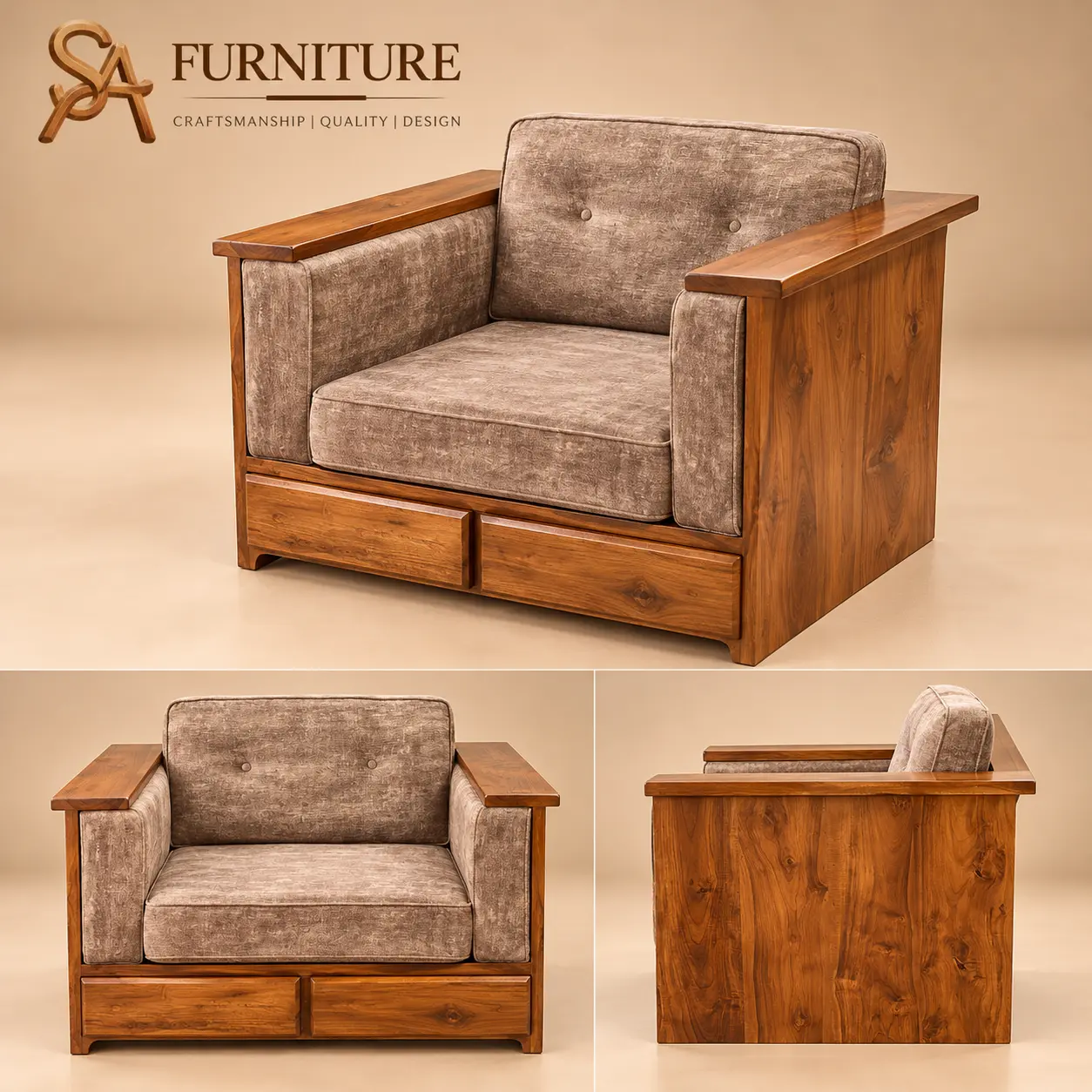 Wooden Armchair with Taupe Cushions