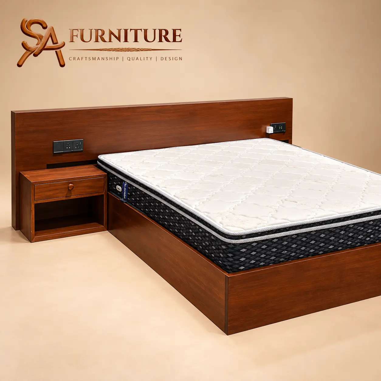 Wooden Bed with Wide Headboard and Bedside Table