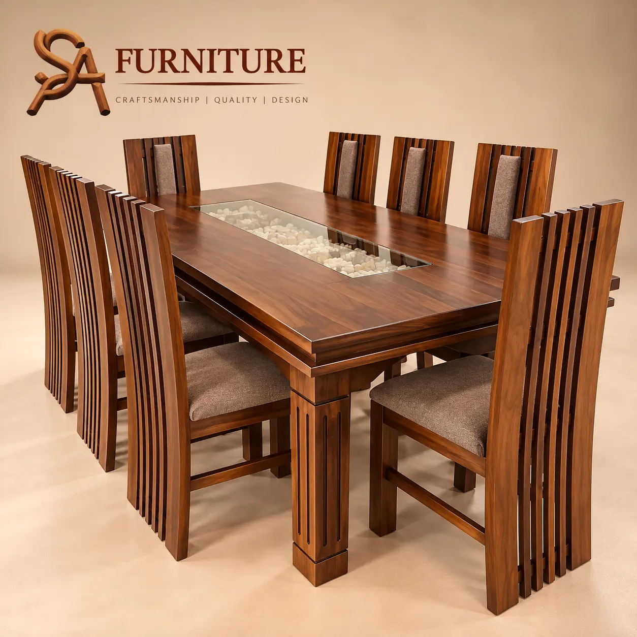 Wooden Dining Set with Glass Inlay