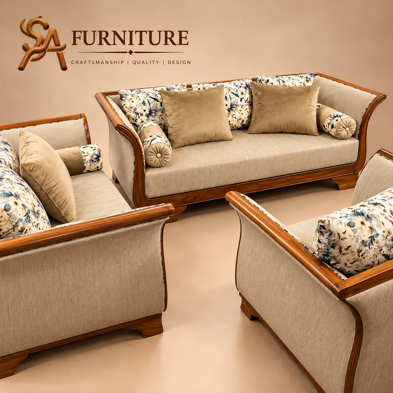 Wooden Sofa Set with Beige Cushions