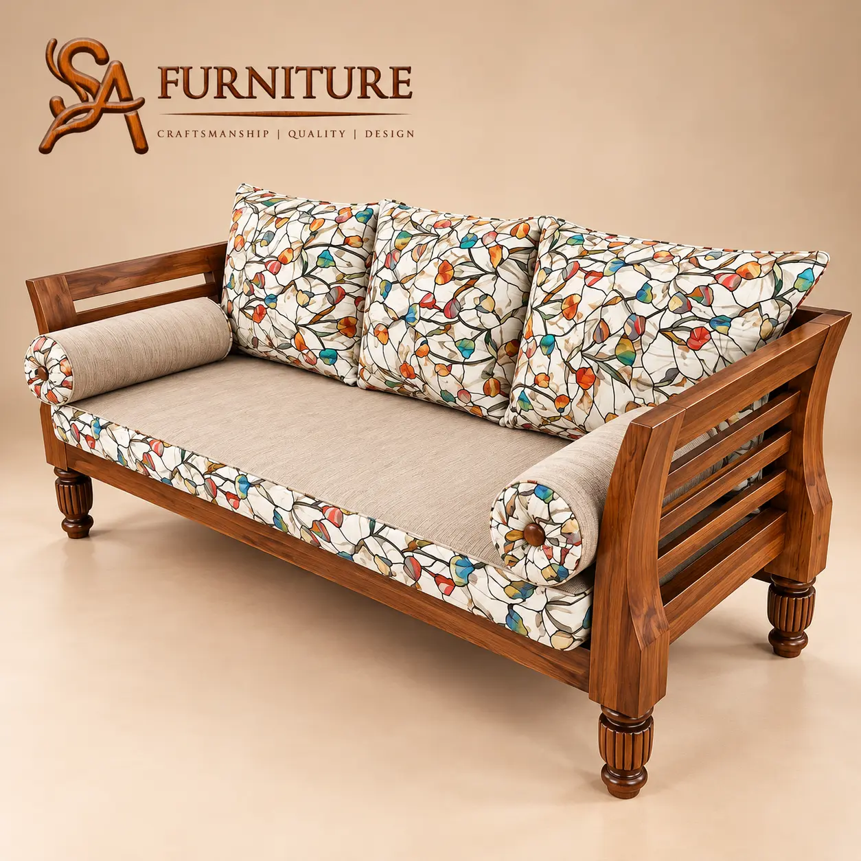 Wooden Sofa with Floral Cushions