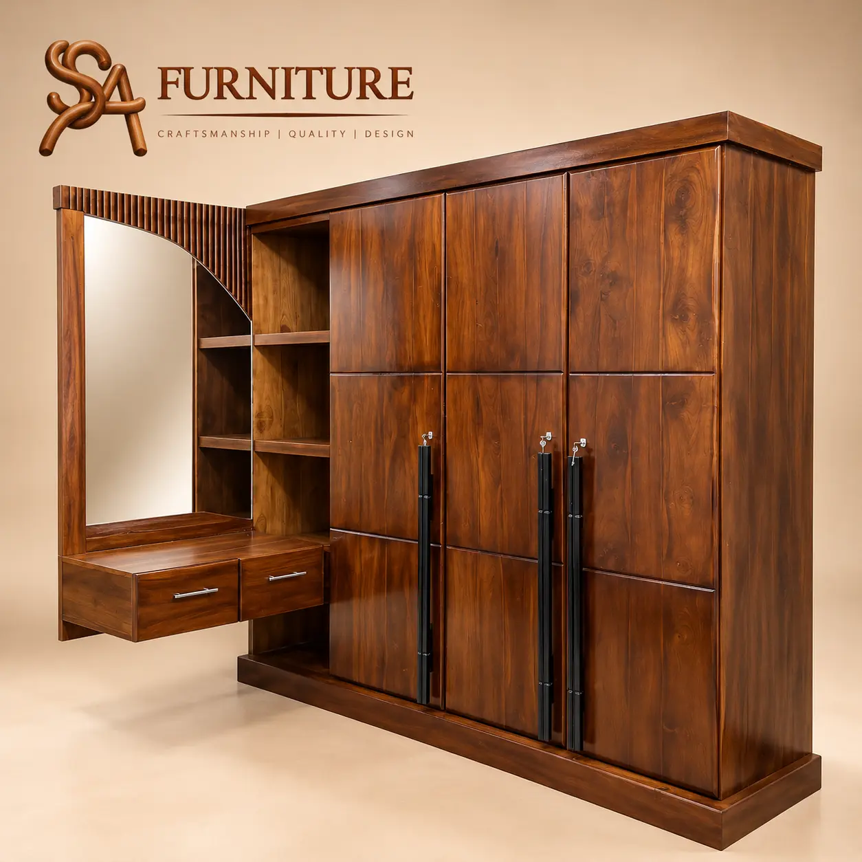 Wooden Wardrobe with Side Dressing Mirror