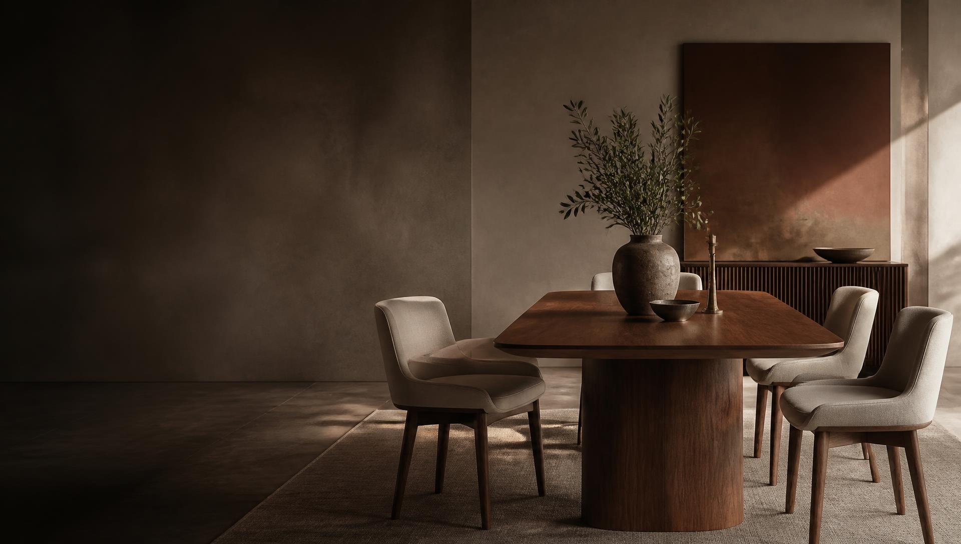 Walnut dining table and upholstered chairs in a refined interior