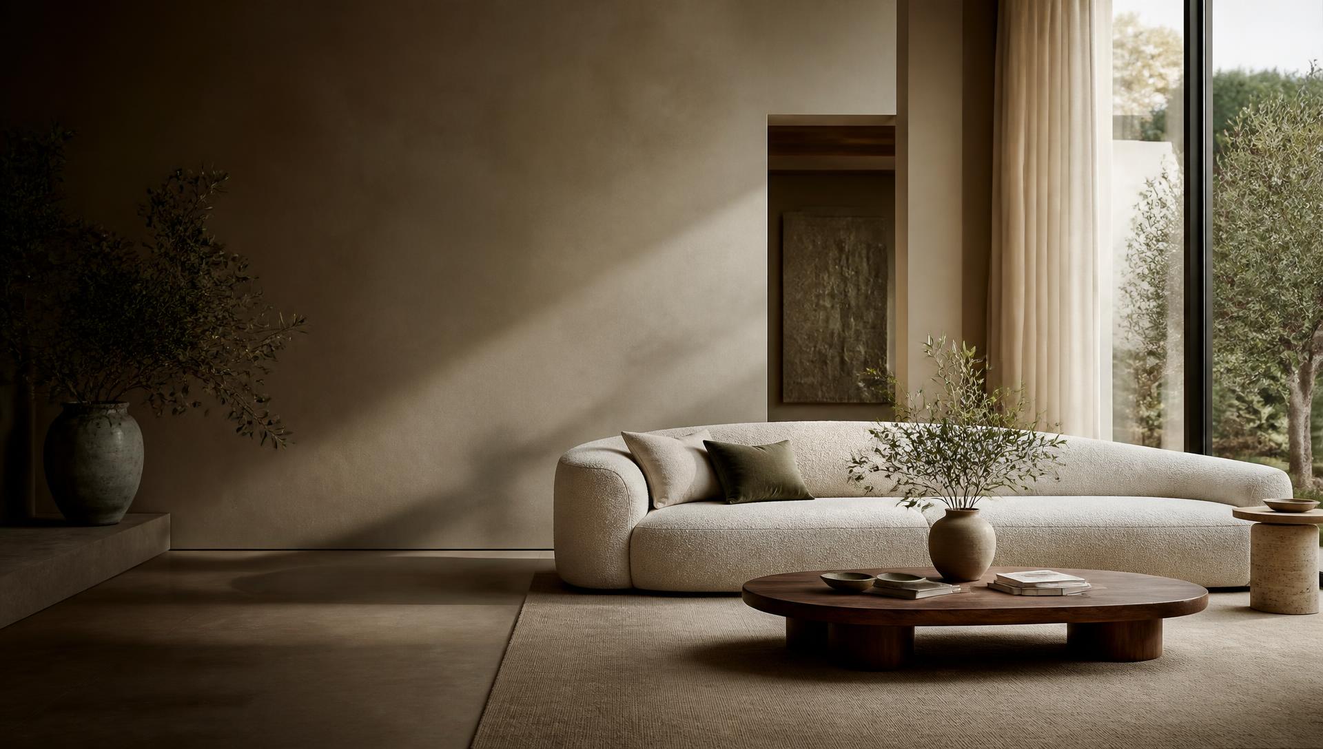 Ivory boucle sofa in a warm, contemporary living room