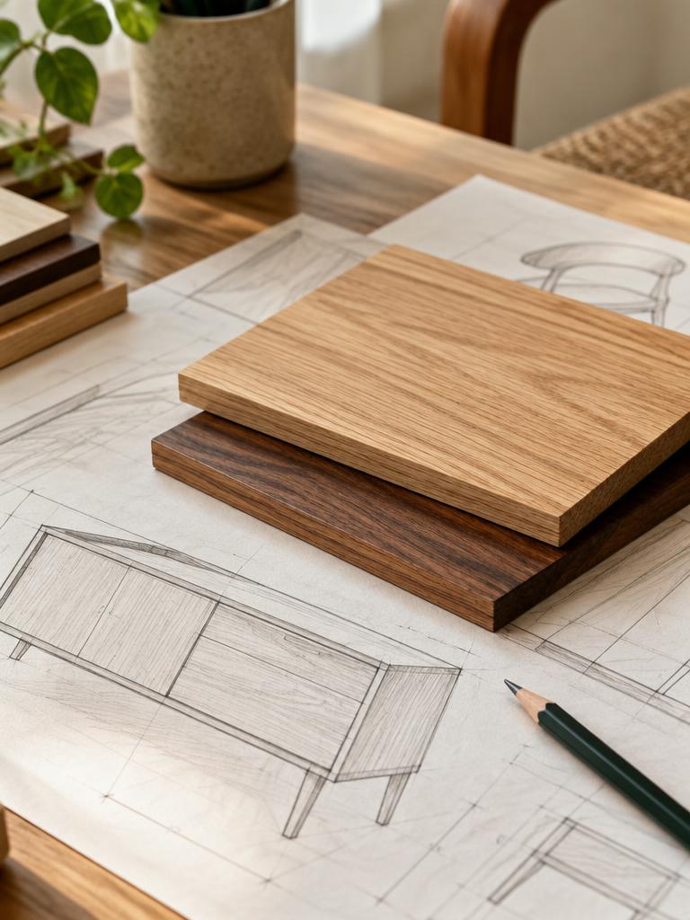 Timber finish samples on furniture drawings