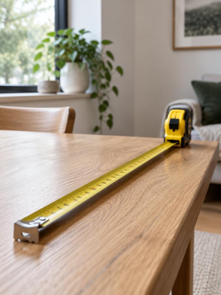 Tape measure on an oak table during a site visit