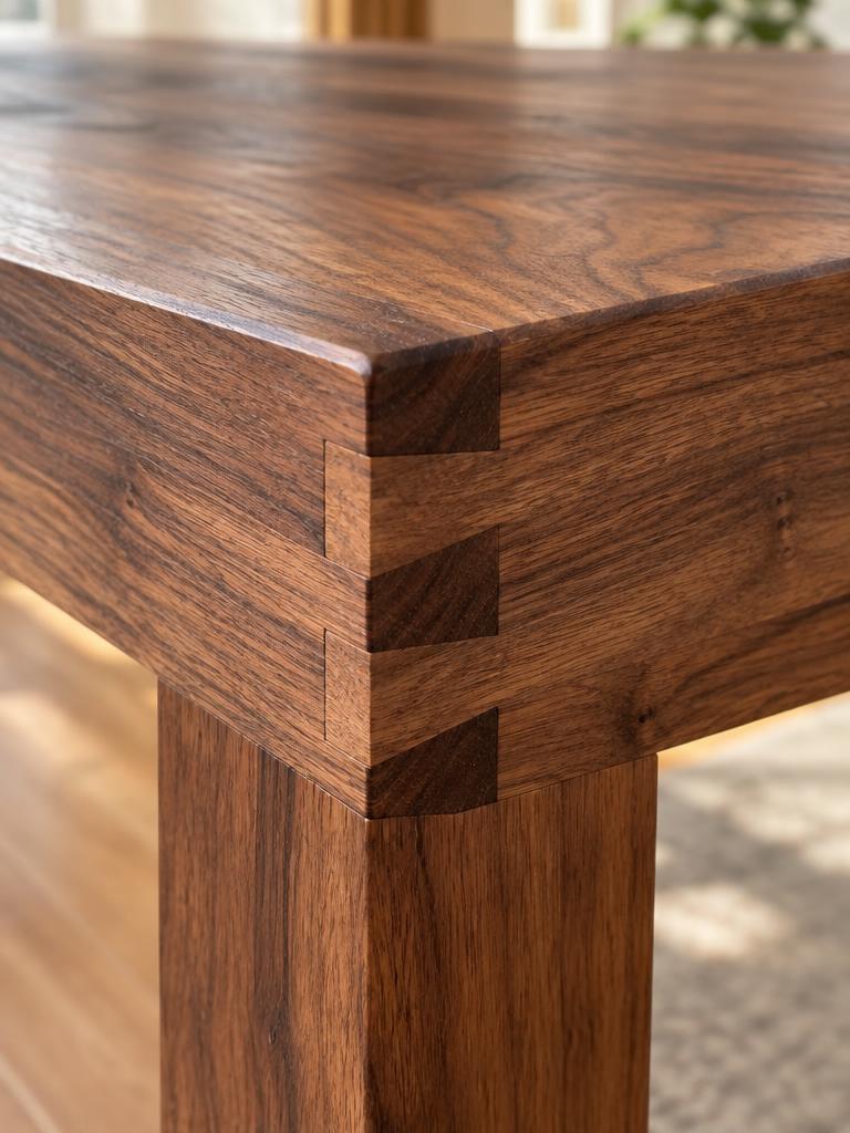 Hand-finished walnut table joinery