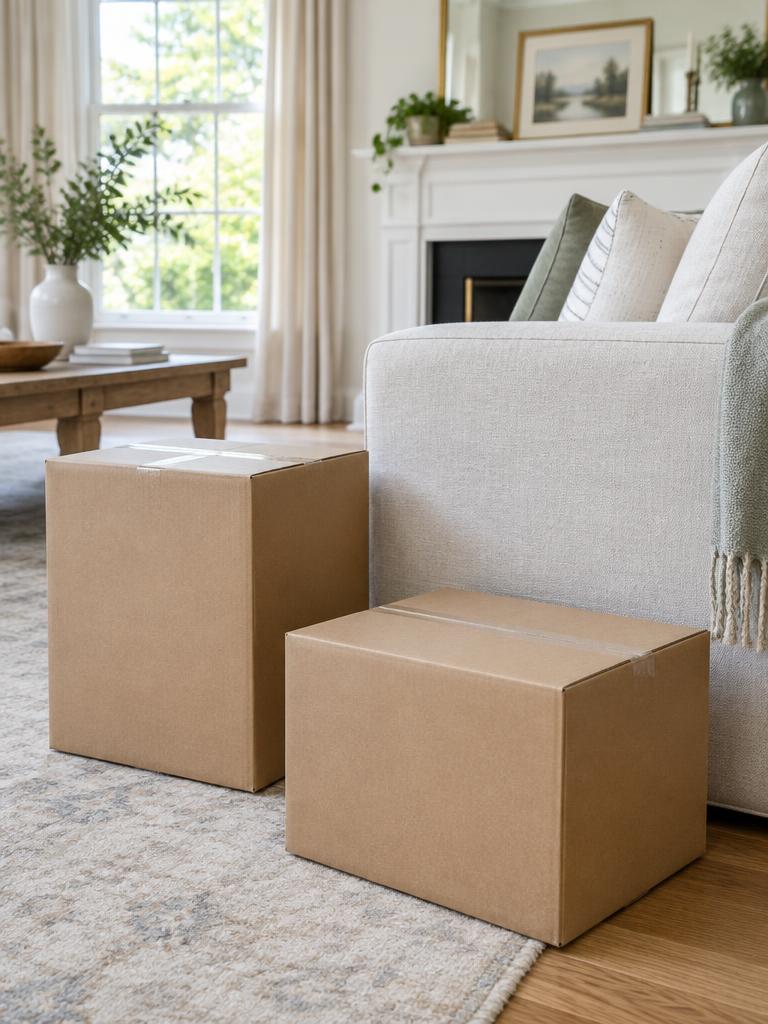 Furniture delivery boxes in a living room